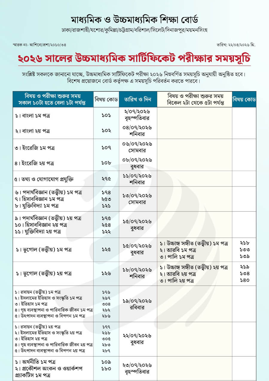 এইচএসসি রুটিন HSC Routine